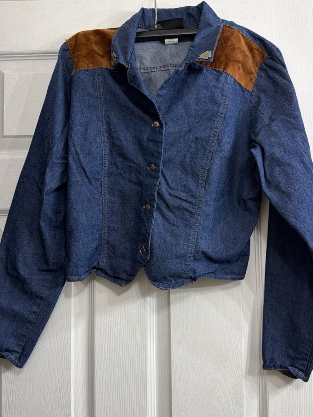Dark Blue Denim Jacket with Brown Suede Yoke - Women's Jean Jacket